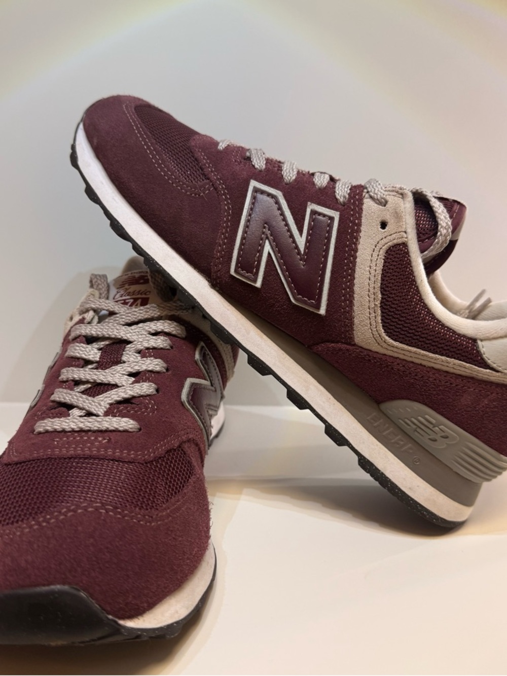 New Balance Women’s 574 Sneakers FM in Burgundy and Beige - Picture 2 of 6